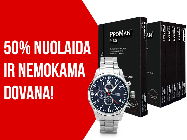 Natural Pharmaceuticals ProMan Plus Juodos spalvos pakuotėje esantis maisto papildų „ProMan Plus“ rinkinys, šalia sidabrinės spalvos „Walker & Scott“ vyriškojo laikrodžio su tamsiai mėlynu ciferblatu. Kairėje pusėje raudonas fonas su didžiosiomis raidėmis lietuvių kalba: „50 % nuolaida ir nemokama dovana!“.