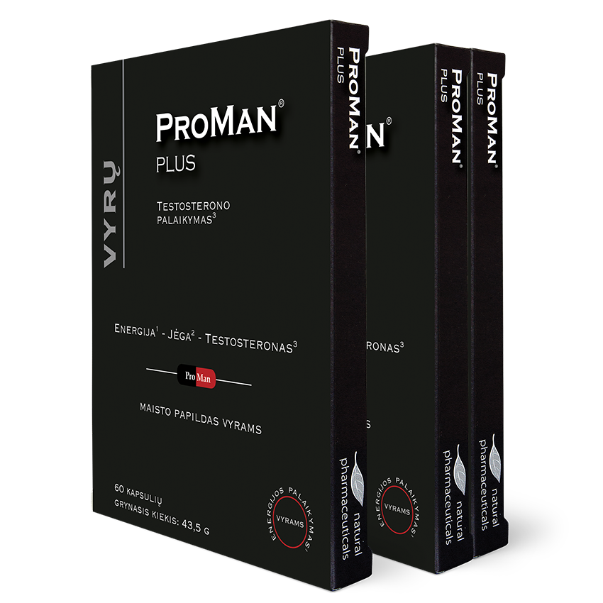 Natural Pharmaceuticals ProMan Plus Trys juodos spalvos dėžutės su maisto papildu „ProMan Plus“. Dėžutės priekyje yra šie užrašai: „Testosterono palaikymas“, „Energija, jėga, testosteronas“, „Maisto papildas vyrams“. Kiekvienoje dėžutėje yra 60 kapsulių, kurių grynasis svoris yra 43,5 g.