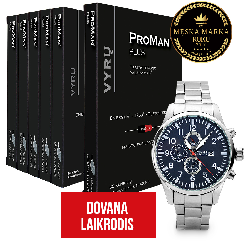 Natural Pharmaceuticals ProMan Plus Juodos spalvos pakuotėje esantis maisto papildų rinkinys „ProMan Plus“ (60 kapsulių, palaikančių testosterono lygį). Šalia jo – sidabrinis „Walker & Scott“ vyriškas laikrodis su tamsiai mėlynu ciferblatu. Viršuje matomas auksinis ir juodas emblema su užrašu „2020 metų vyriškų prekių ženklas – kokybės galia“. Apačioje raudonomis raidėmis užrašyta „Dovana laikrodis“.