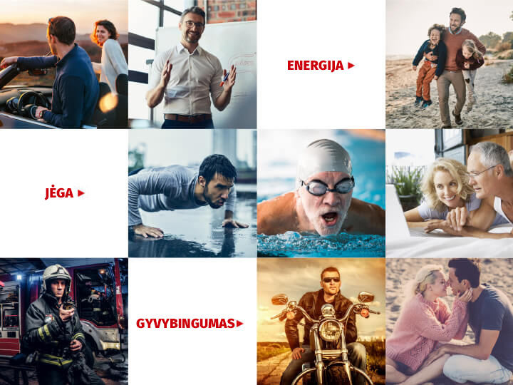 Natural Pharmaceuticals ProMan Plus Fotografijų mozaika, vaizduojanti įvairias vyrų gyvenimo scenas. Iš kairės į dešinę: pora automobilyje, vyras, skaitantis pranešimą, tėvas, žaidžiantis su vaikais paplūdimyje, vyras, darantis atsispaudimus, pagyvenęs vyras, plaukiantis baseine, pagyvenusi pora, žiūrinti į nešiojamąjį kompiuterį, ugniagesys pilna uniforma, motociklininkas odine striuke, pora, besibučiuojanti paplūdimyje. Sloganai „ENERGY“, „STRENGTH“ ir „VITALITY“ reiškia energiją, jėgą ir gyvybingumą.